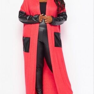 Red Open Front Duster with Black Faux Leather Accents